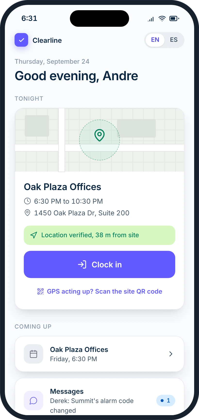 Cleaner's phone: Oak Plaza Offices, location verified 38 m from site, Clock in button.