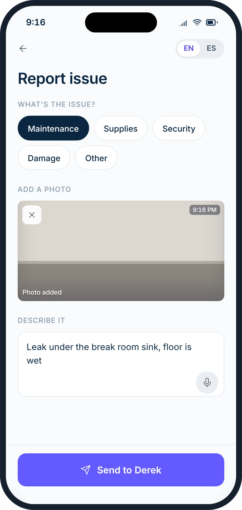 Cleaner's Report issue screen: Maintenance, a photo, and a voice note typed out.
