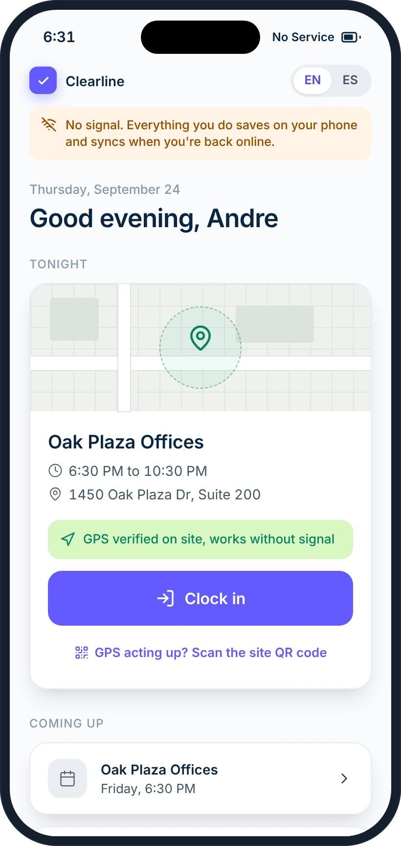 Clock-in screen with no signal: everything saves on the phone and syncs when back online