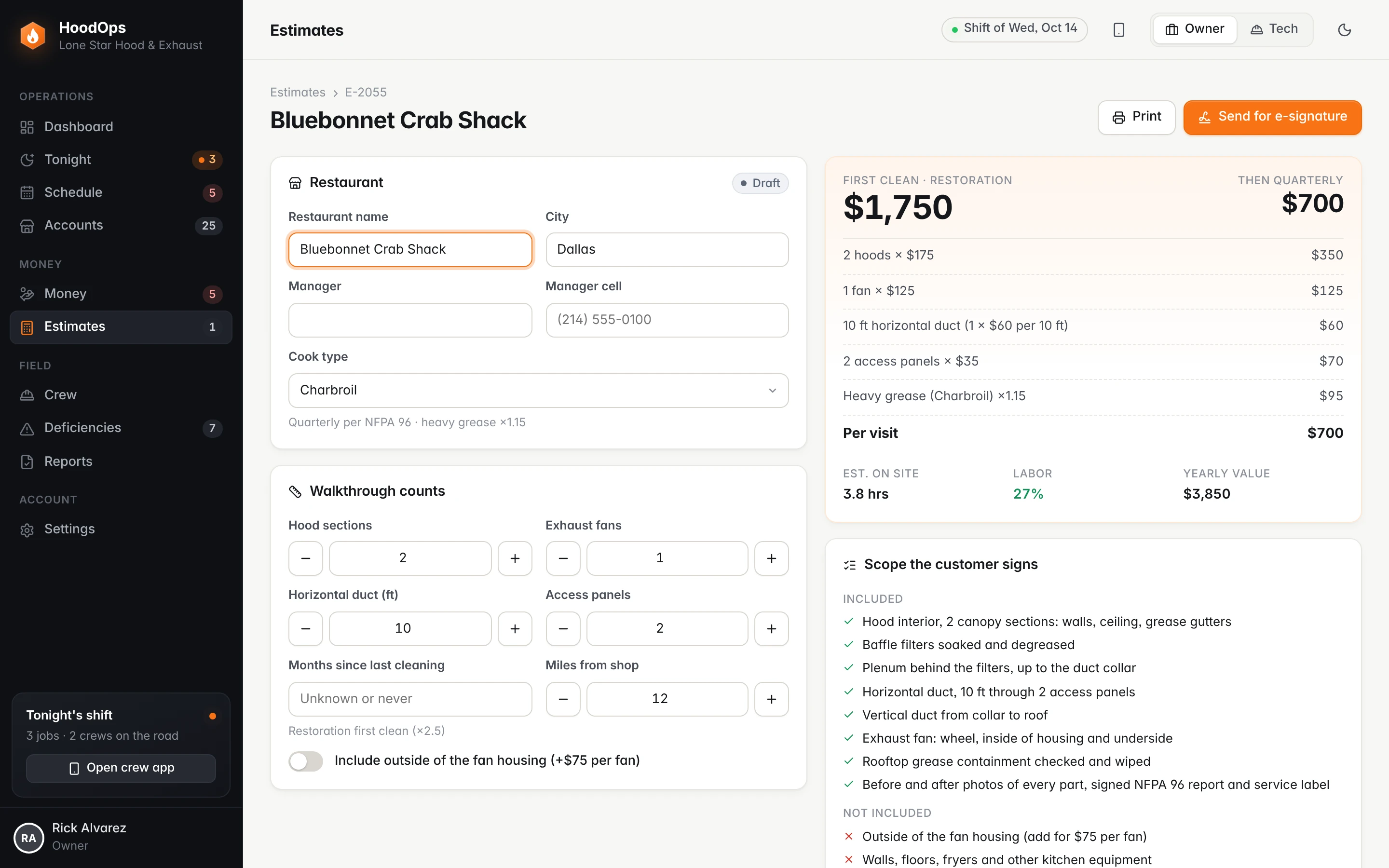 New estimate screen in HoodOps: walkthrough counts on the left, restoration price, recurring price, labor and the signed scope on the right