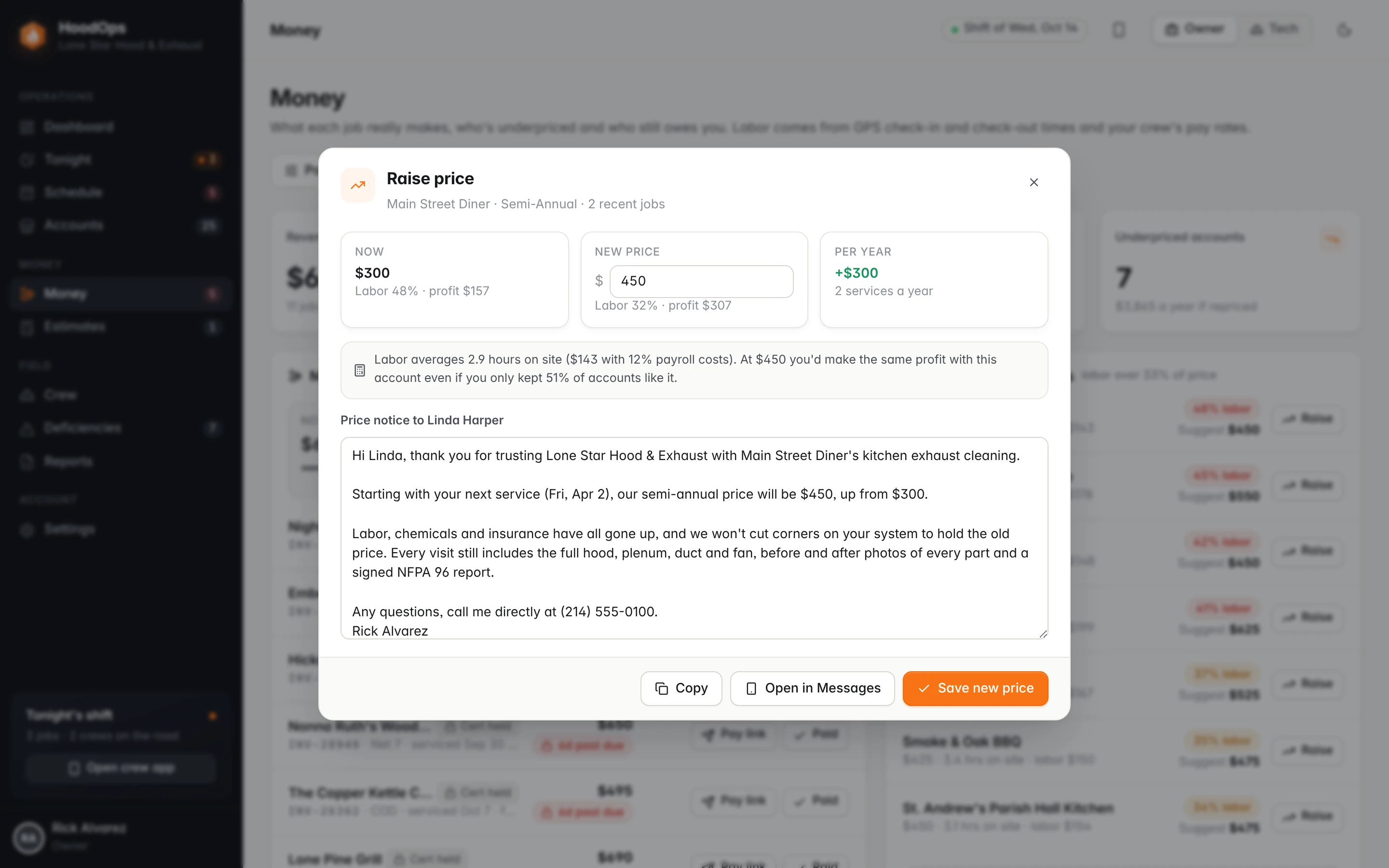 Raise price dialog for Main Street Diner: now $300, new price $450, plus $300 a year, with a price notice to the manager already written