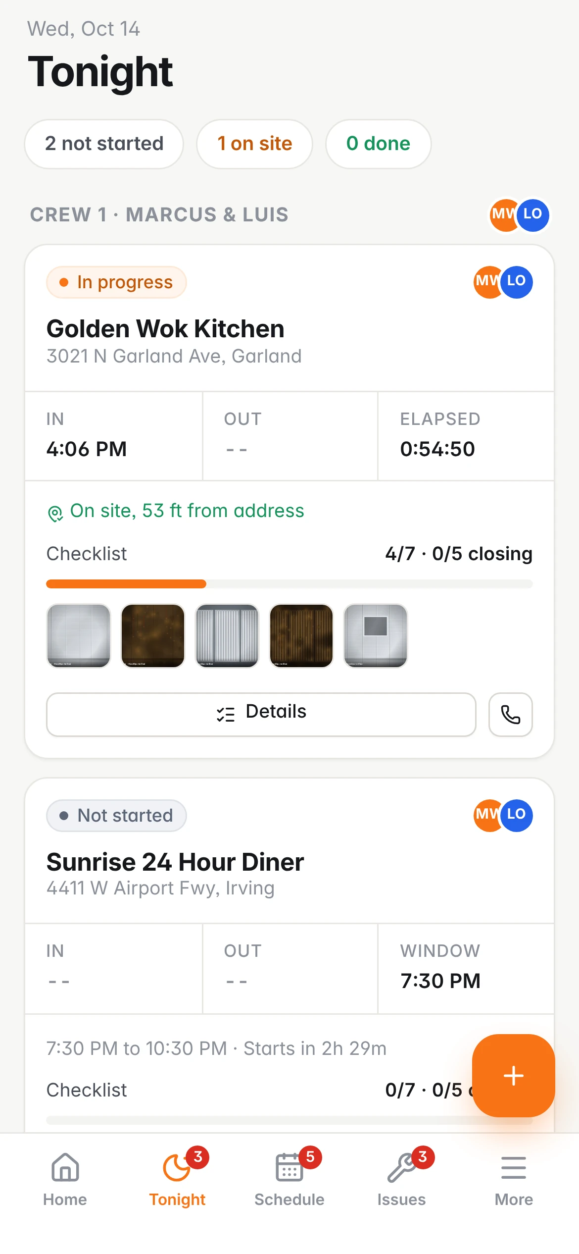 Owner phone: tonight's stops with check-in, elapsed time and checklist