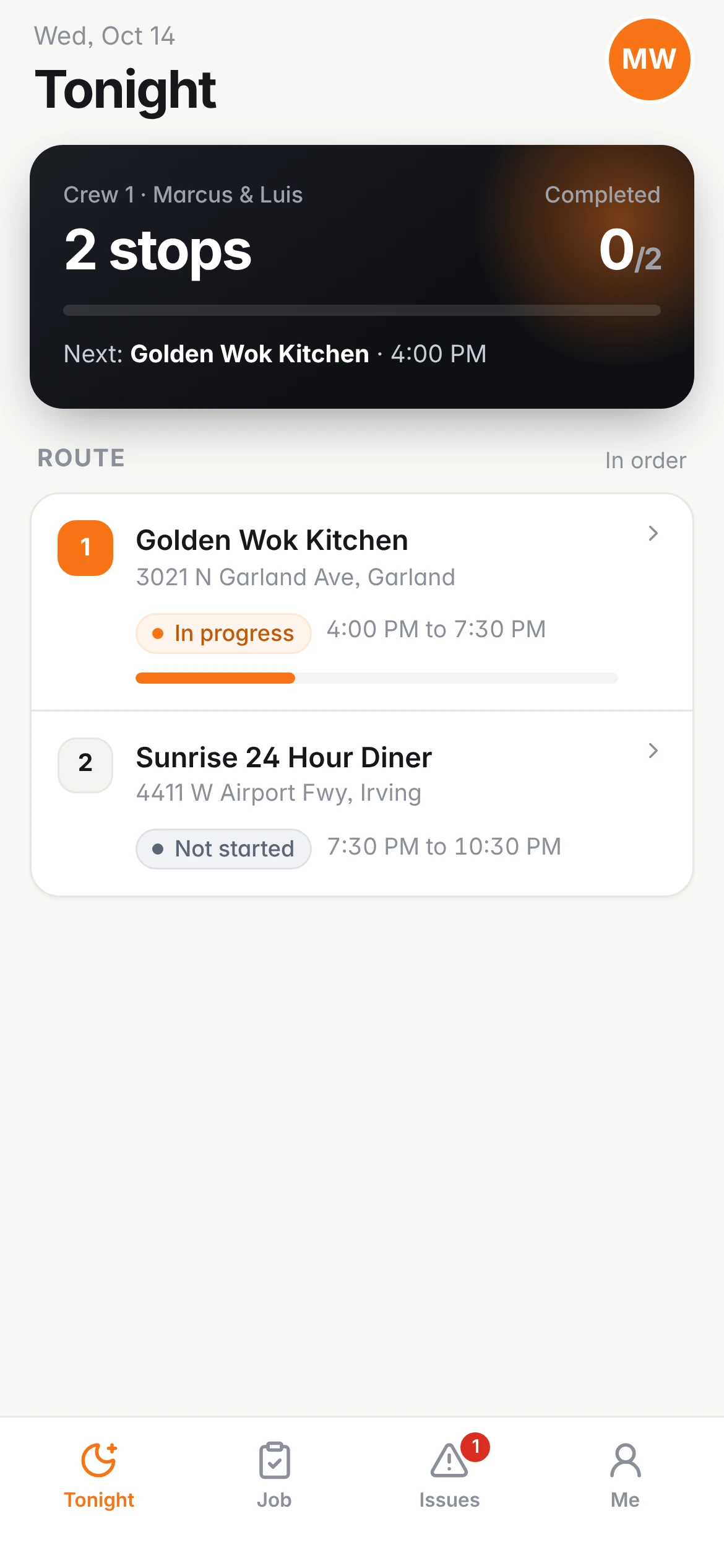Crew app route screen