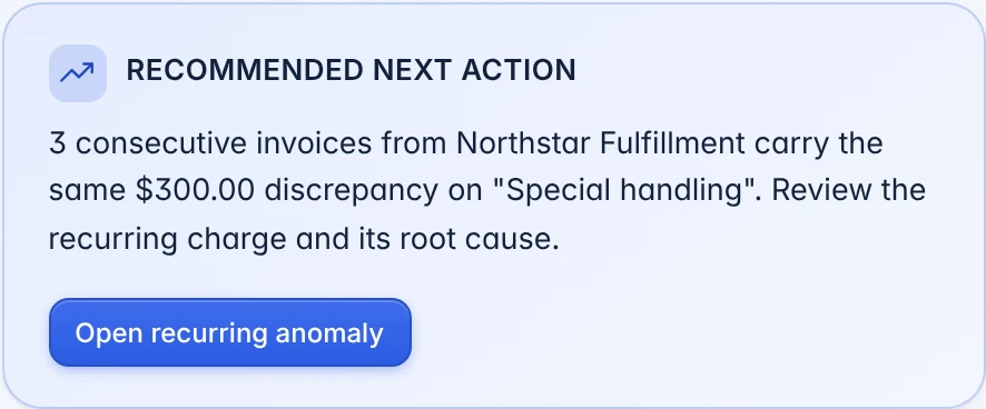 Recommended next action card: open the recurring $300 anomaly from Northstar Fulfillment.
