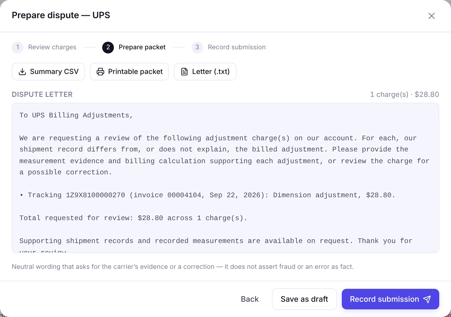 Dispute packet screen in Parcel Adjustment Auditor