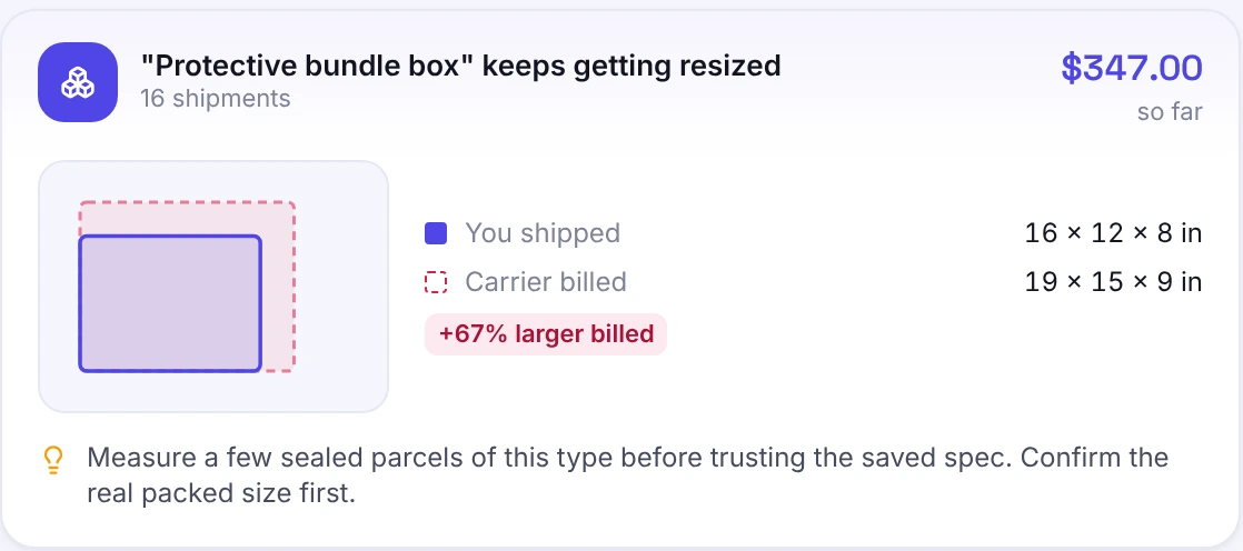 Pattern card from the app: Protective bundle box keeps getting resized, 16 shipments, $347.00 so far, shipped 16 × 12 × 8 in, billed 19 × 15 × 9 in