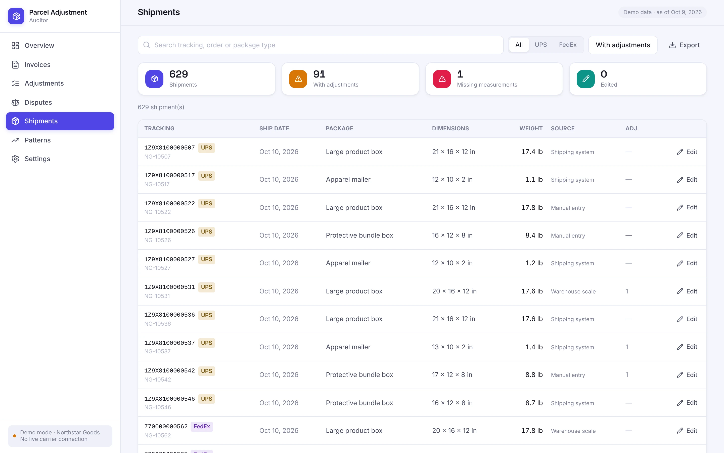 Shipments screen in Parcel Adjustment Auditor